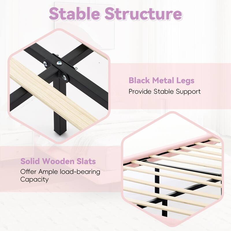 Queen Size LED Upholstered Bed Frame with Floating Design, PU Leather Headboard, Easy Assembly, No Box Spring Needed, Pink