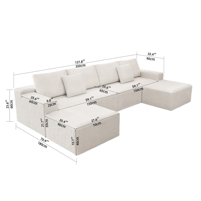 137.8" Corduroy Upholstered Free Combination Modular Sectional Sofa with Ottomans