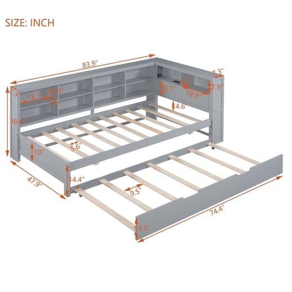 dimension image slide 3 of 4, Multi-Shelf Daybed Bookcase Bed Frame with Trundle Bed