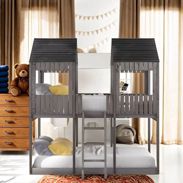 slide 2 of 12, House Shape Full Over Ful Low Bunk Bed with Ladder and Window, Guardrail Antique Gray