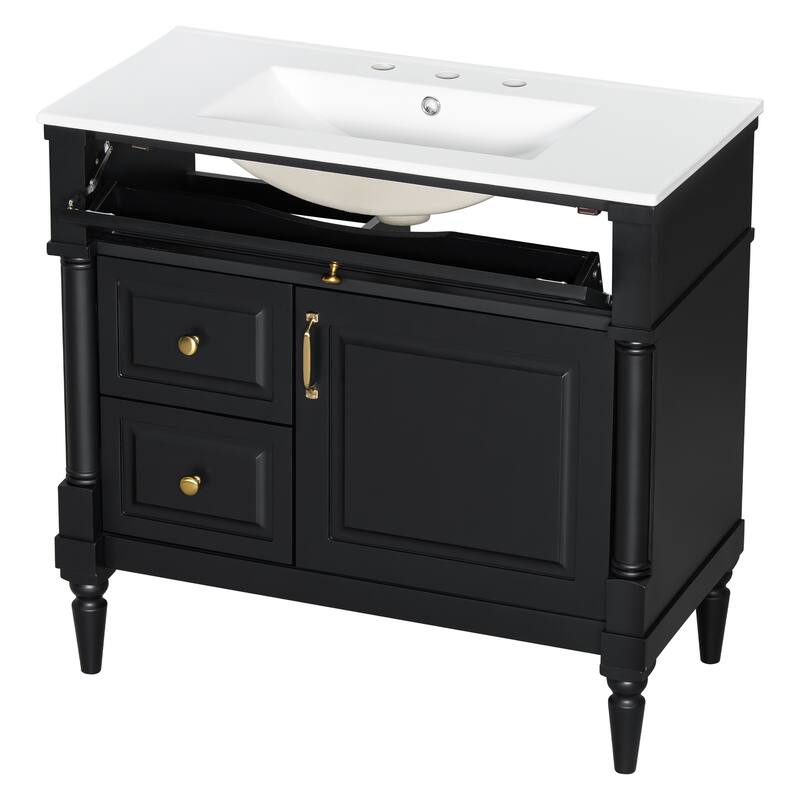 Roomfitters 36" Bathroom Vanity with Sink, Solid Wood Frame, Flip Drawer, 2 Drawers & Door Rack
