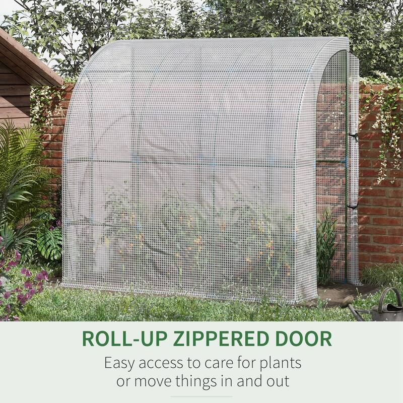 7' x 4' x 7' Outdoor Lean to Greenhouse, Walk-In Green House Plant Nursery with Roll-up Window, PE Cover, White