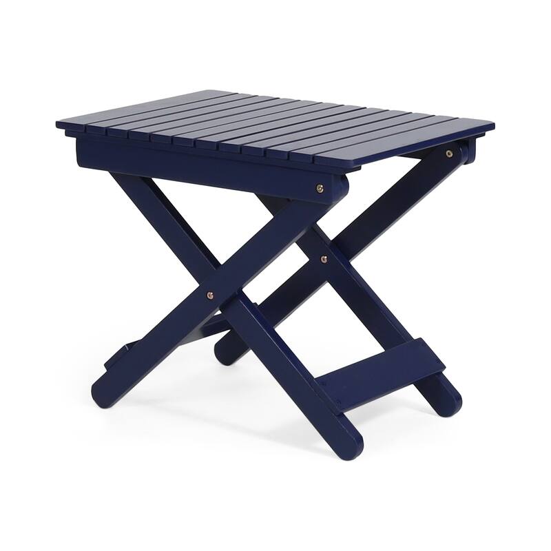 Kyre Outdoor Side Table, Foldable Slatted 23 Inch, Navy Blue Acacia Wood