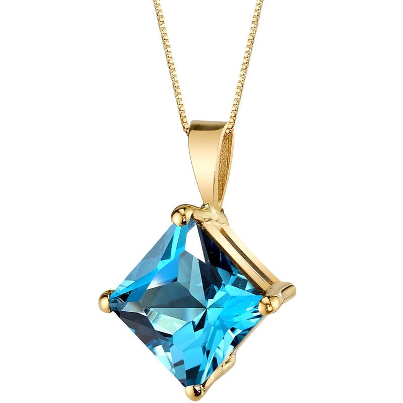14k Yellow Gold Princess Cut 3.00 cts Swiss Blue Topaz Pendant