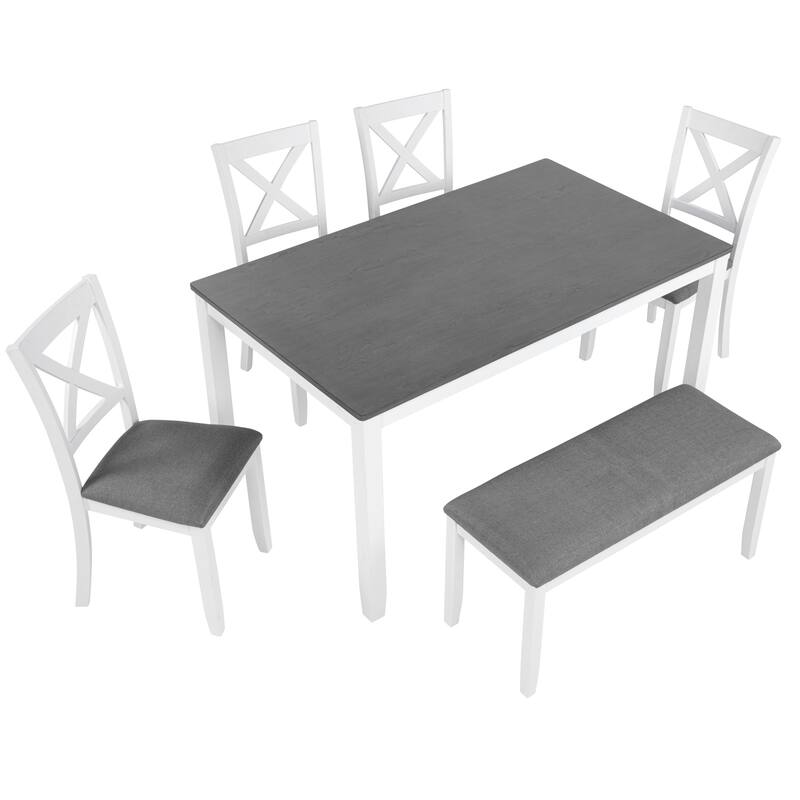 6 Pcs Wooden Dining Table Set, Kitchen Table Set for 6, Large Dining Table with 4 Upholstered Chairs and 1 Long Bench