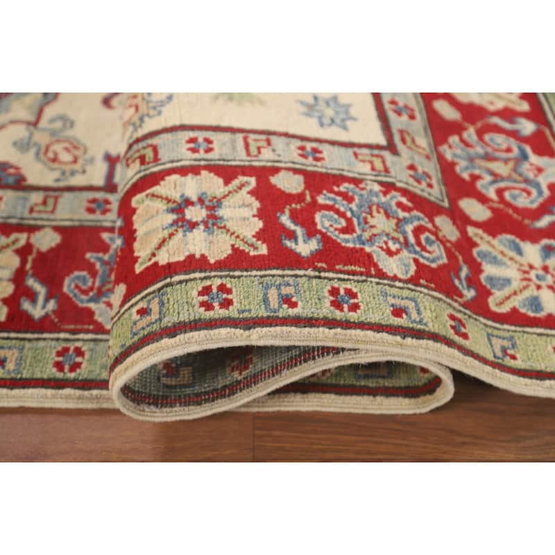 Geometric Beige Kazak Area Rug Hand-Knotted Traditional Wool Carpet - 5'0" x 6'3"