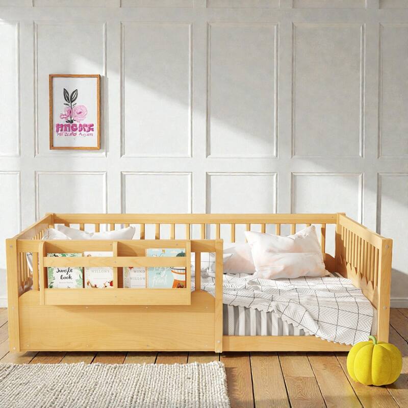 Twin Floor Bed with Heightened Fence and Bookshelf, Wooden Montessori Floor Bed for Kids, Low Profile Design