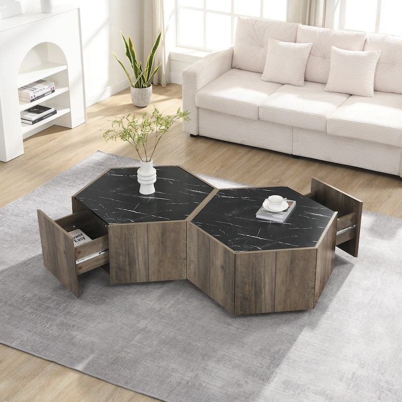 Hexagonal Rustic Coffee Table with 2 Hidden Drawers & Textured White Marble Top - Retro Wood Design