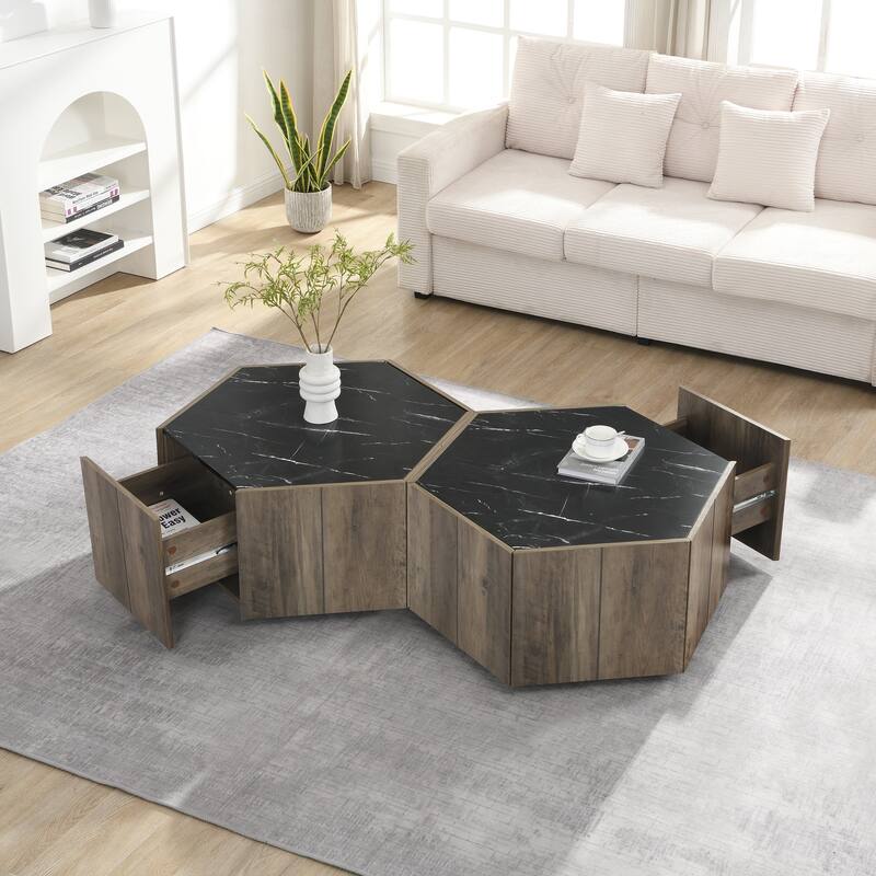 Hexagonal Rustic Retro Wood Coffee Table, with 2 Hidden Drawers, Textured White Marble Tops,Walunt Oak Finish - Perfect