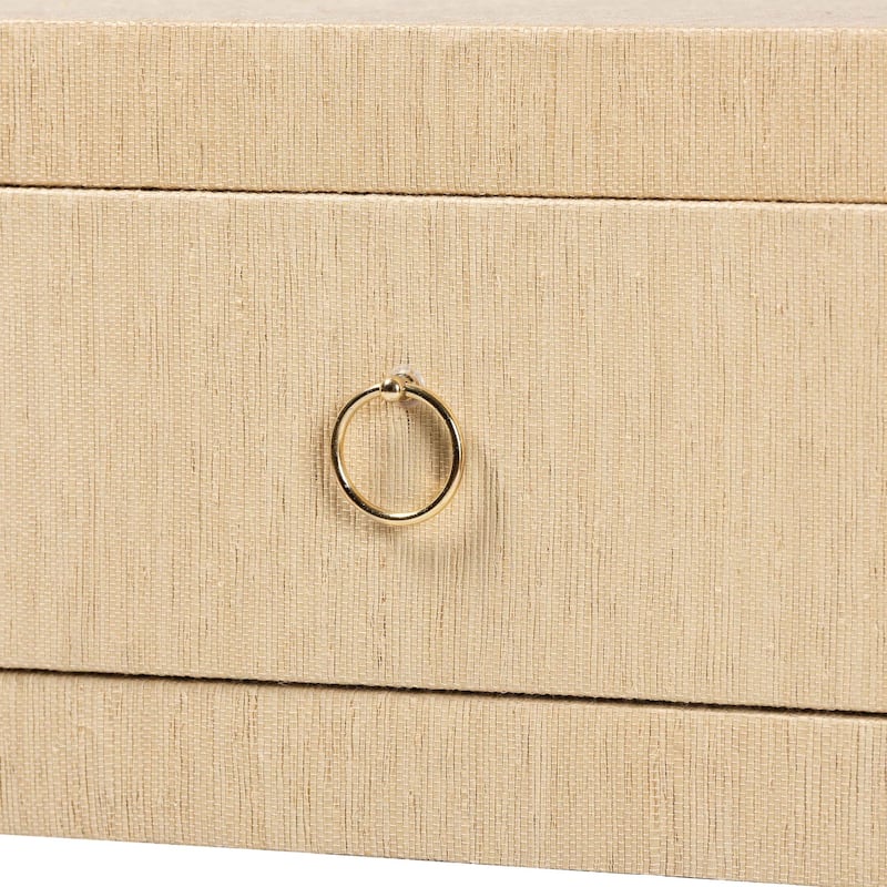 Noah Grasscloth 2-Drawer Console Table - Woven Texture Entryway Table with Gold Ring Pulls, Narrow Hallway or Living Room Accent