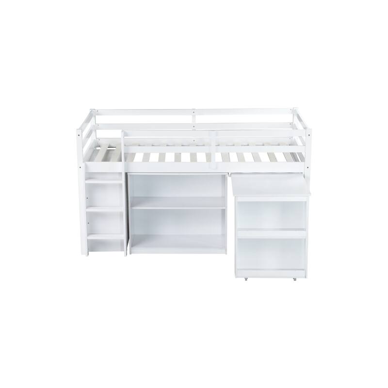 Twin Loft Bed with Pull-Out Desk & Storage and 3-Drawer Cabinet & Shelves (250lb Capacity)