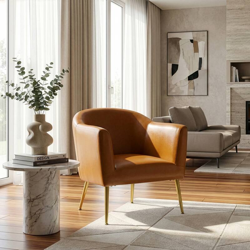 Avi Cappuccino Faux Leather Accent Chair with Golden Legs
