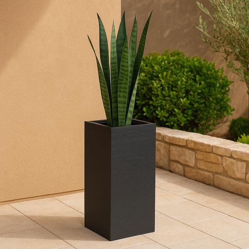 Basalt 20-31 Inch Large Tall Square Fiberstone Planter - Modern MGO Clay Outdoor Pot with Drainage - Multiple Sizes