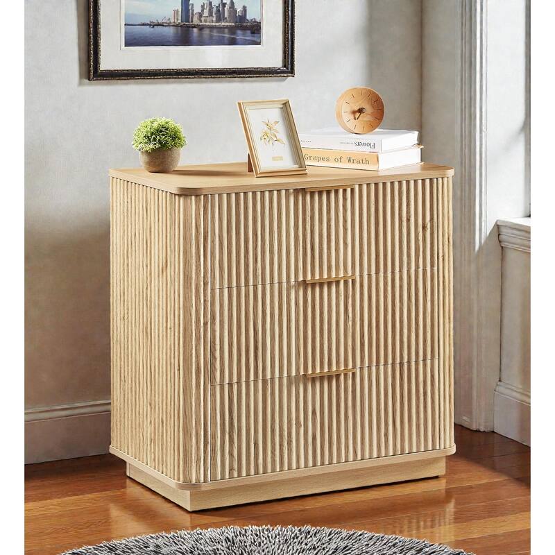 Modern 3 Drawer Dresser with Curved Wavy Panels, 27.56 Inch Wide Chest of Drawers Nightstand for Bedroom