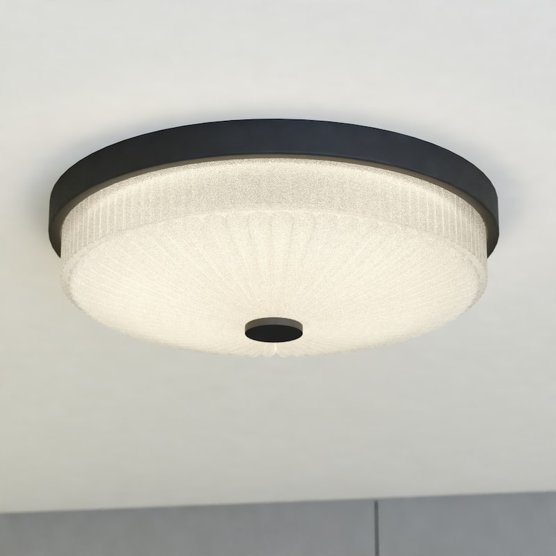 Preston 1-Light Dome Flush Mount LED Lighting Fixture, Clear Ribbed Glass Shade Low Ceilings, Hallway, Kitchen - Matte Black - 12.5-in W x 3.75-in H x 12.5-in D