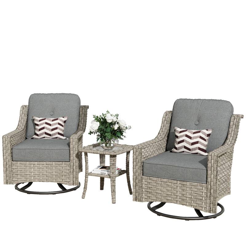 XIZZI 3-Piece Swivel Rocking Chair Rattan Wicker Outdoor Patio Furniture Bistro Set