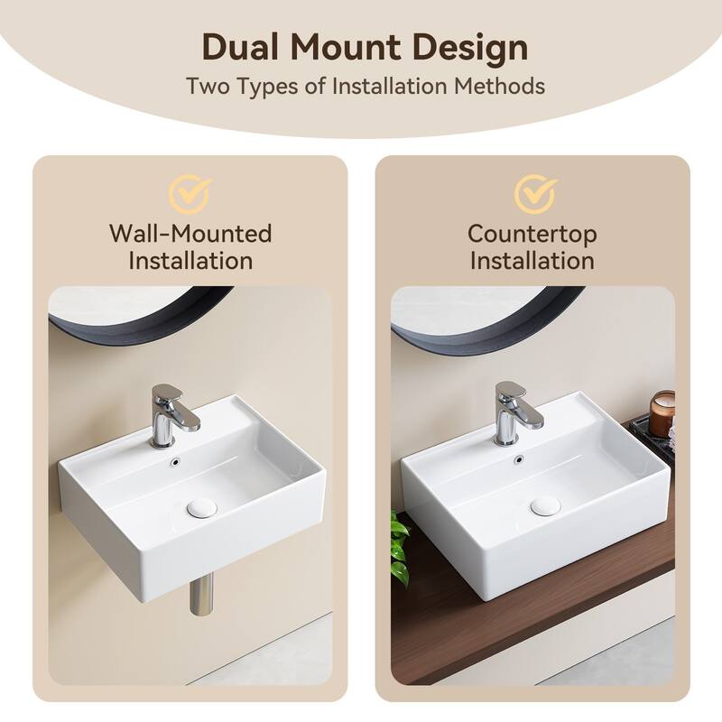 HOROW Rectangular Wall-Mount Install or On Countertop Bathroom Sink 17.72 in. with Single Faucet Hole in White