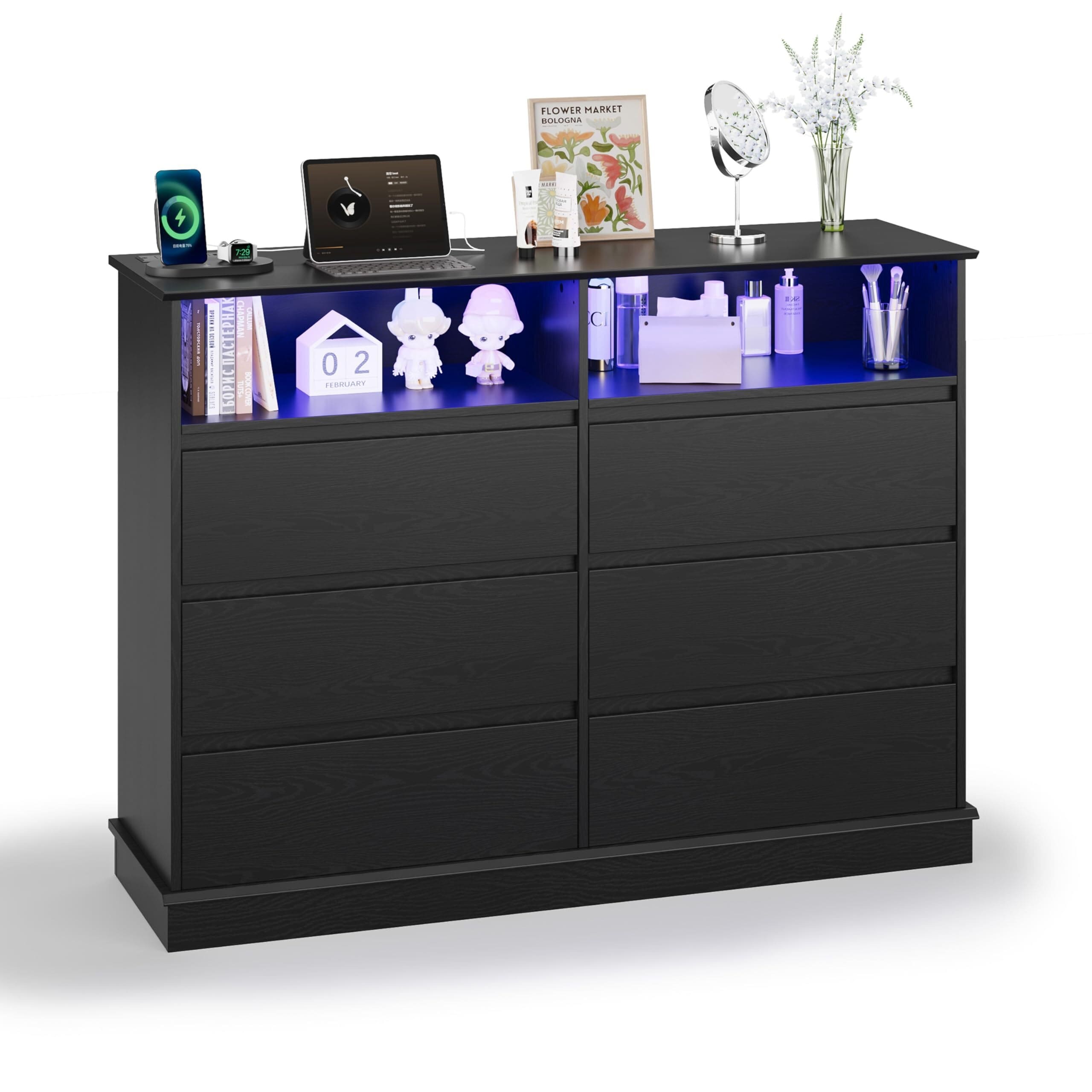 6 Drawer Dresser with LED Lights and Charging Station, Wide Chest of 6 Drawers with Open Space