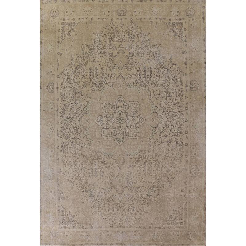 Hand Knotted Oriental 100% Wool Carpet Traditional Floral Beige & Ivories Tabriz Area Rug - 12' 9'' X 9' 10''