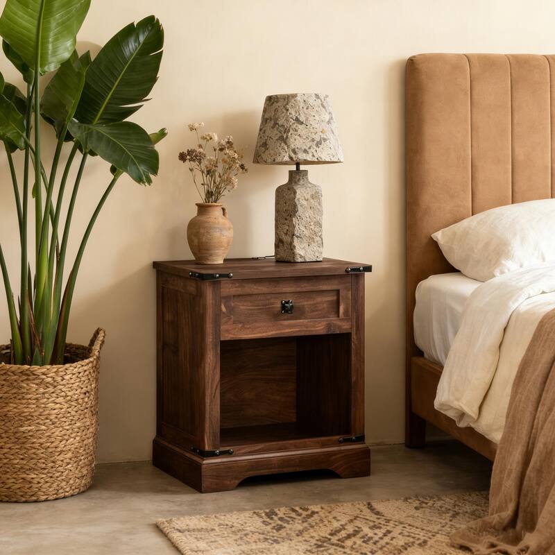 Farmhouse Nightstand with Charging Station，Beside Table for Bedroom - Brown