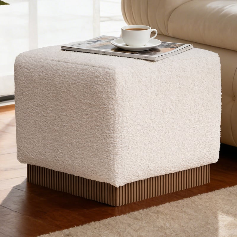 Tufted Square Ottoman Footstool Vanity Stool Sofa Side Table with Acacia Frame