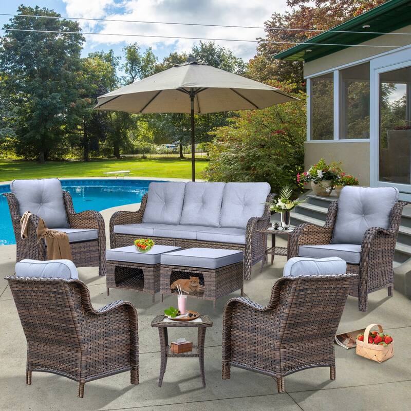 Brown Wicker Outdoor Patio Furniture Sofa Set with Denim Blue Cushions