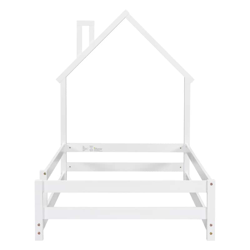 Twin Size Wood bed with House Shaped Headboard Floor Bed with Fences