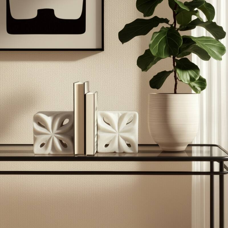Resin Bookends Geometric Carved Design (Set of 2) - 12" White - 11.75" x 2.75" x 6"