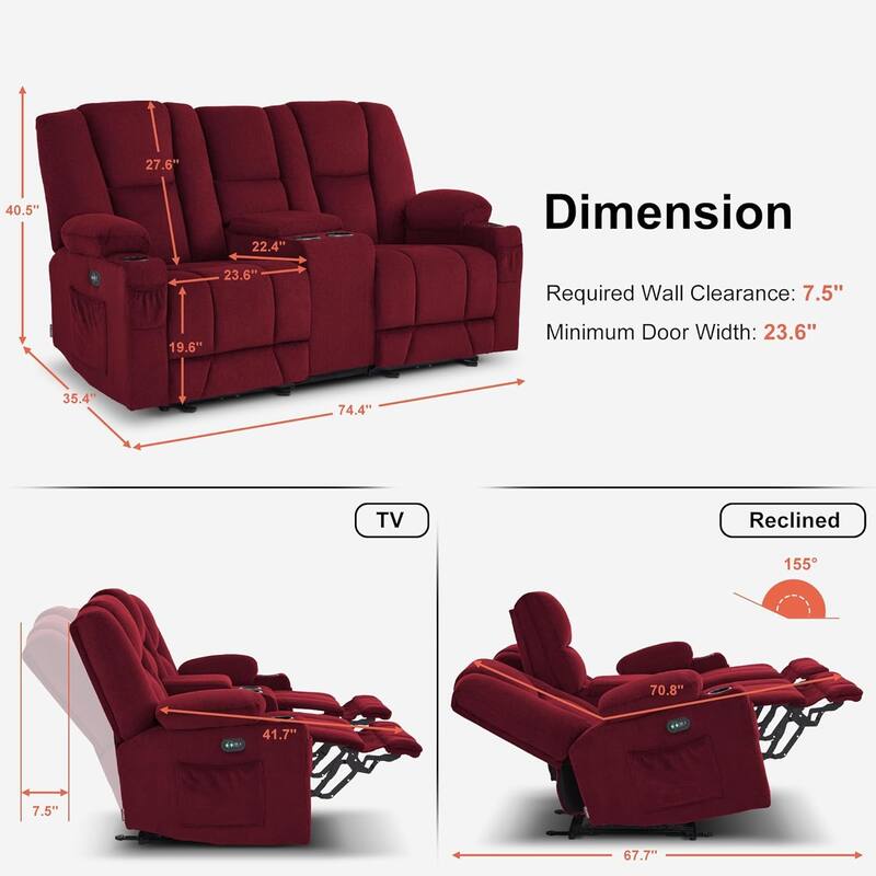 MCombo Electric Power Reclining Sofa with Massage and Lumbar Heat, Fabric 6015/6025/6035/6045