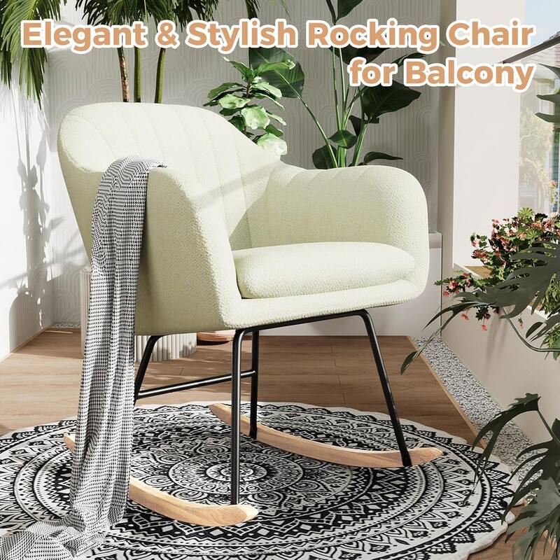 Upholstered Rocking Chair, Glider Chair With Cozy Cushion, Rocking Accent Chair With Rubber Wood Legs