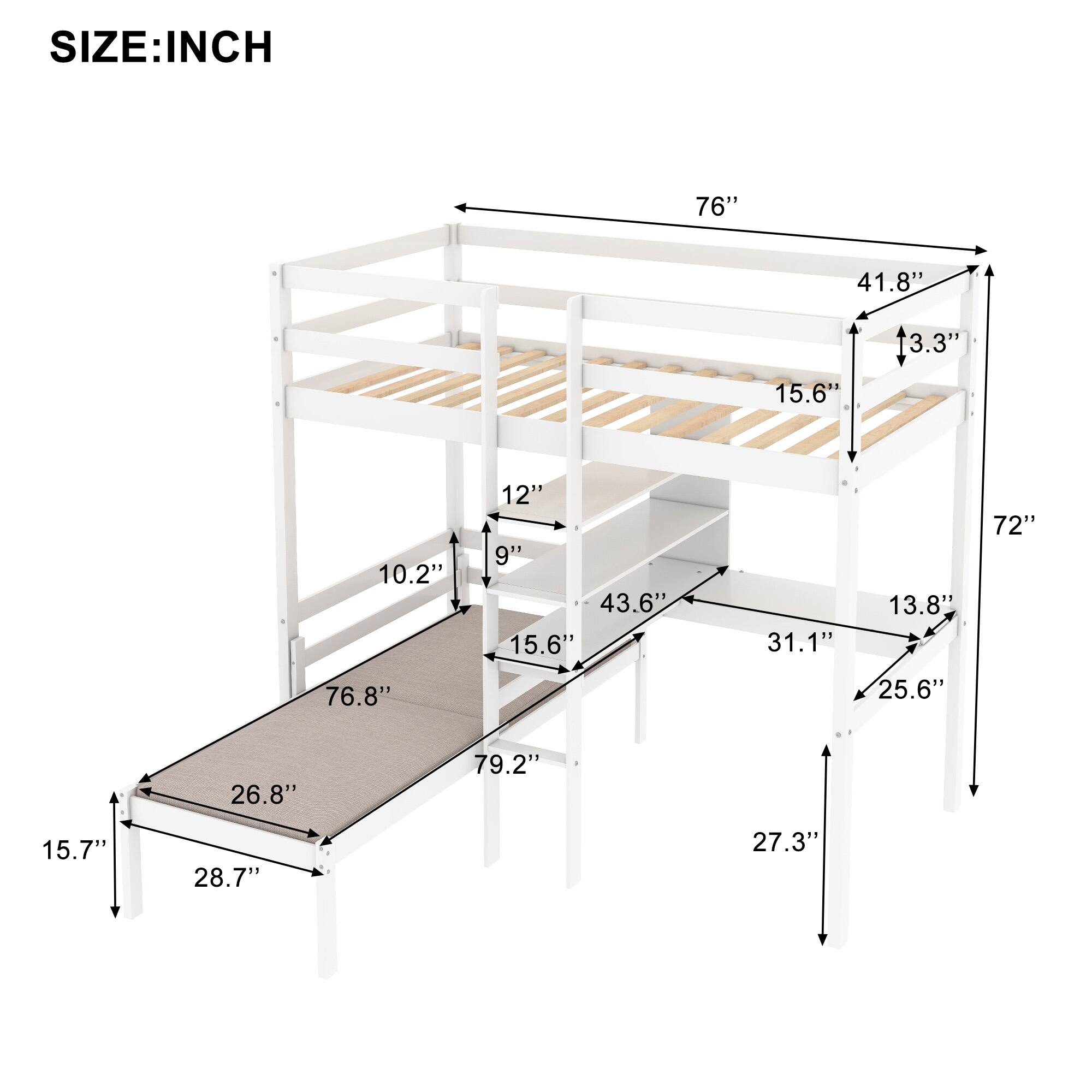 White Solid Wood Loft Bed with L-Shape Desk, Convertible Twin Size Bunk ...