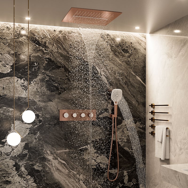 Luxury Thermostatic Shower System 5-Spray Patterns 16" Ceiling Mount Fixed and Handheld Shower Head - 15.7" x 15.7" - Brushed Rose Gold