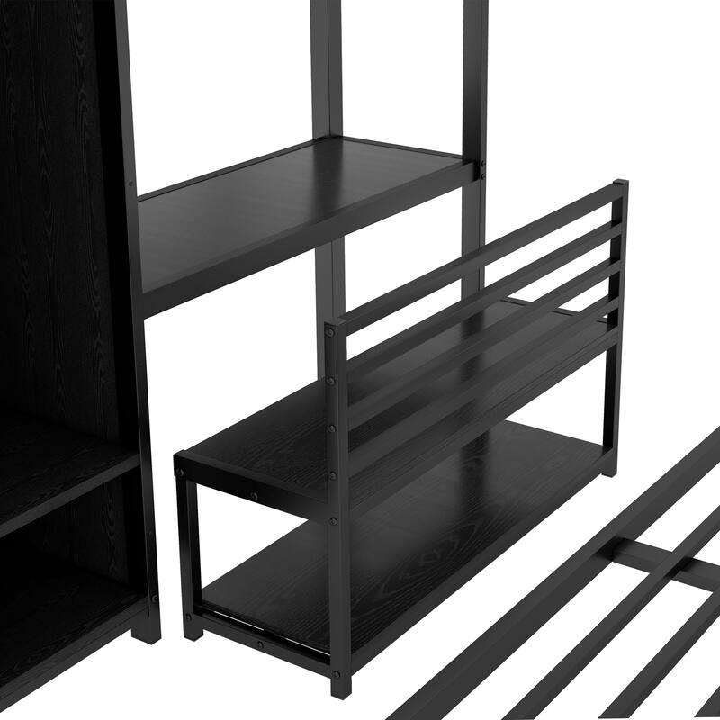 Roomfitters Queen over Queen Metal Bunk Bed with Built-in Wardrobe, Desk & Storage Chairs, Space-Saving Frame, Black