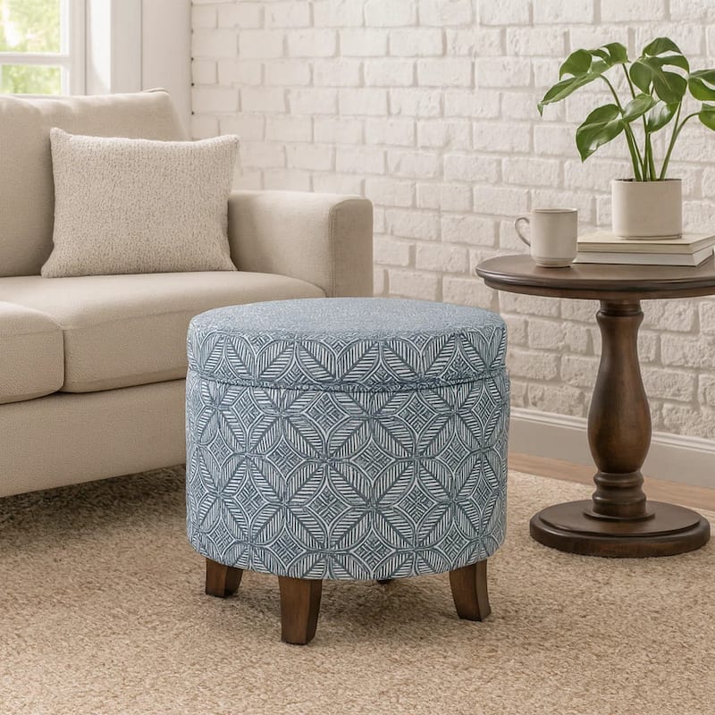 Loni Round Storage Ottoman, 19 Inch Indigo Blue Pattern, Walnut Brown