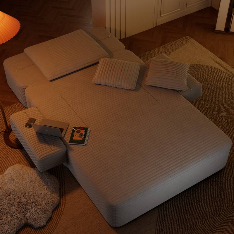 Luxurious Plush Corduroy Chaise Lounge Convertible Sofa Bed with Storage Pocket and Wide Armrests
