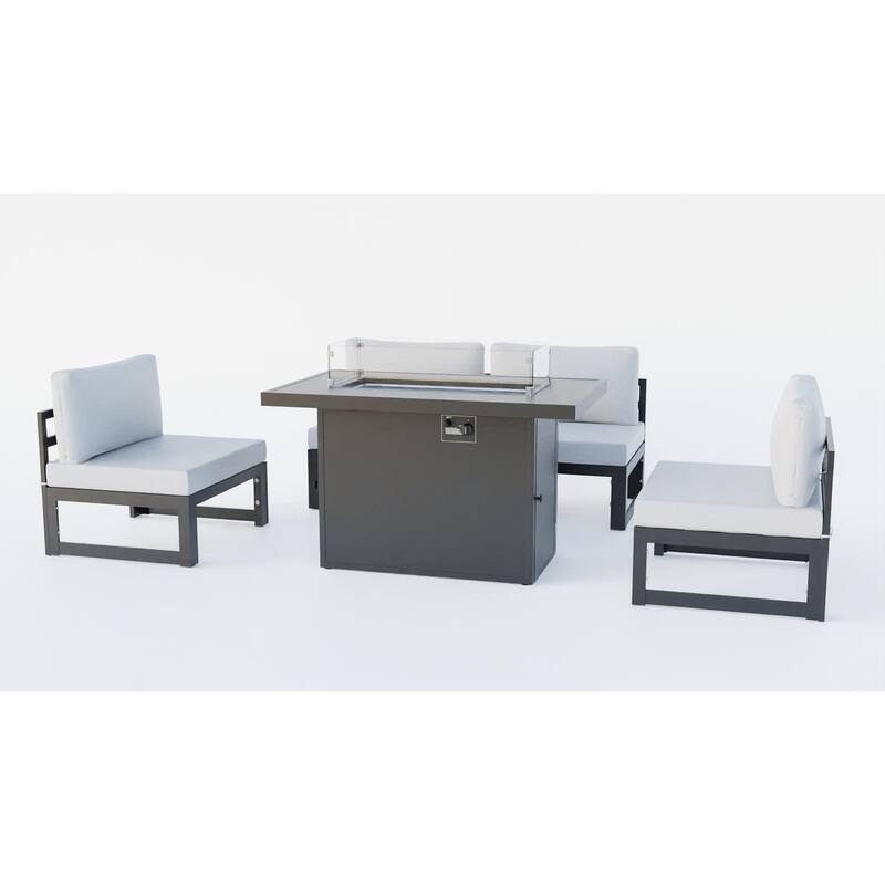 LeisureMod Chelsea 5-Piece Outdoor Patio Chairs and Fire Pit Table Set - Grey
