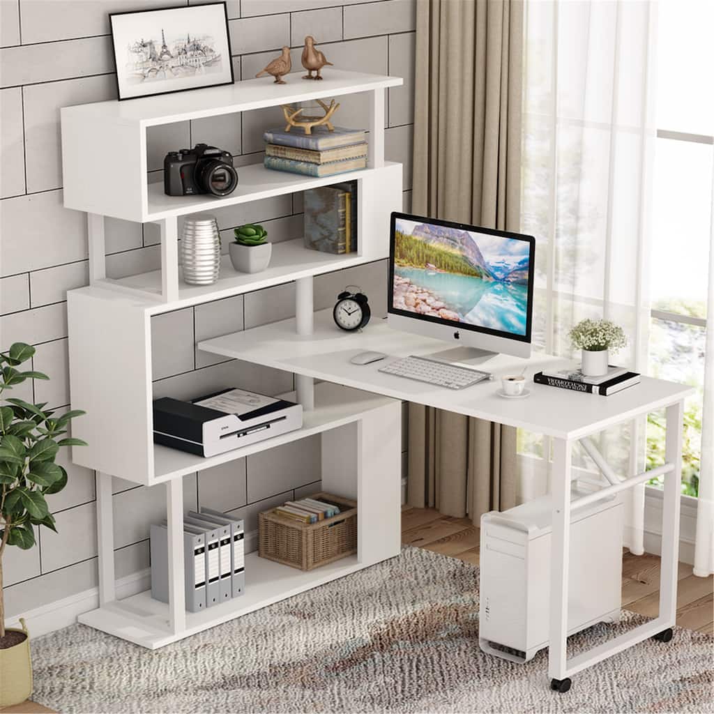 L-Shaped Rotating Computer Desk with Bookshelf