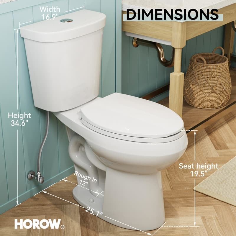 HOROW 19 Inch ADA Tall 2 Piece Dual Flush Elongated Toilet White 1.1/1.6 GPF Strong Flush Soft Close Seat - 19 Inch
