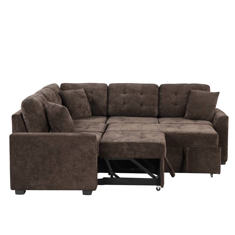 Brown L-Shape Sofa Bed with Pull-Out Sleeper, USB Ports, Power Sockets