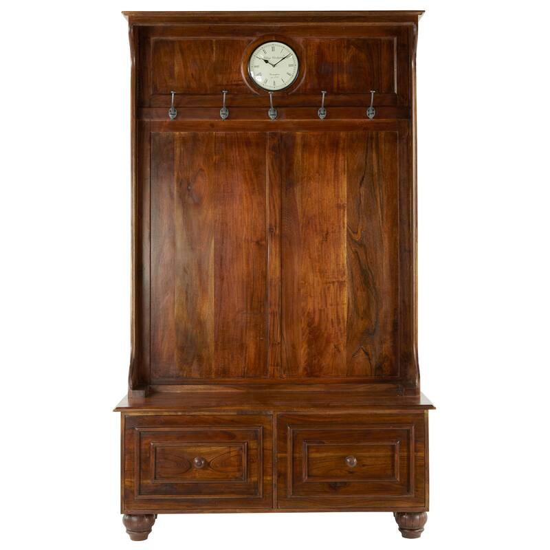 Brown Wood Large Tall Bench Storage 5 Hook and 2 Drawer Freestanding Coat Rack with Cream Clock