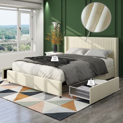 Queen Size Ivory Velvet Upholstered Wingback Platform Bed with Drawer
