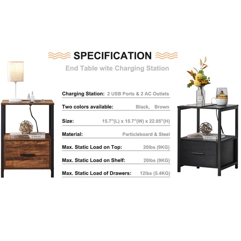 VECELO Mid Century Modern Nightstand with Charging Station USB Port