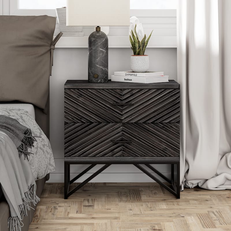 COZAYH Modern 2-Drawer Nightstand, Contemporary Line Accent End Side Table with Black Metal Base for Bedroom, Living Room - Black
