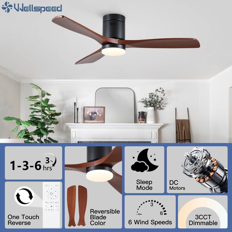 52In. Farmhouse Indoor Flush Mount Low Profile Ceiling Fan with Solid Wood Blades and Remote Control
