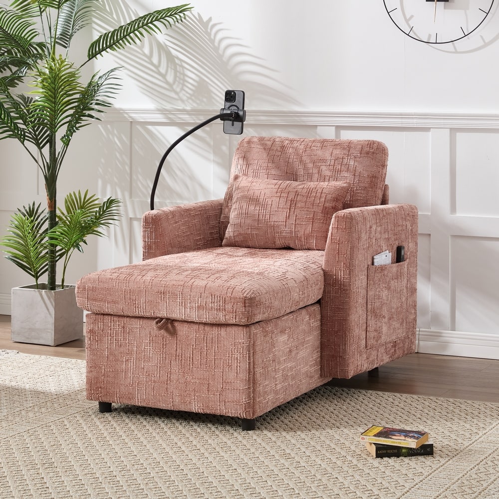 HOMEFUN Chenille Upholstered Storage Lazy Single Leisure Chair Sofa with Phone Holder