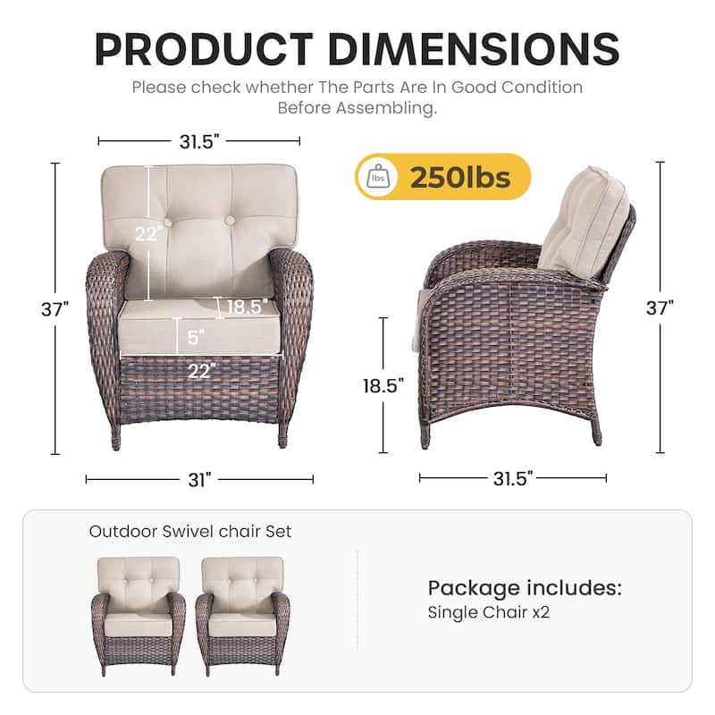 Gymojoy Wide T-Shaped High Back Outdoor Chairs Set with 5-inch Cushion for Patio & Balcony
