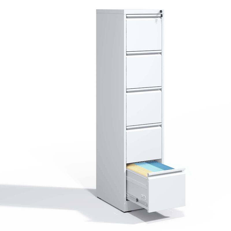 Modern Filing Cabinet, Vertical Filing Cabinet with 5 Drawers, Anti-Tilt System and Locks, for Home Office - White