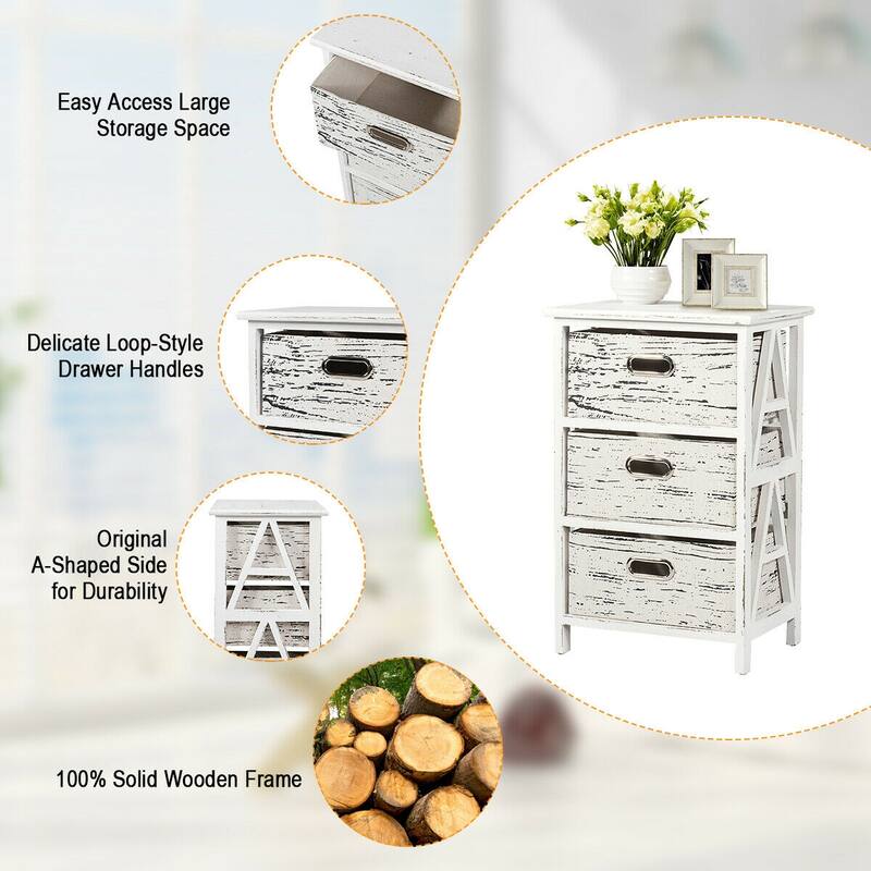 Gymax Chest w/3 Fabric Drawers Vintage Wood Frame End Table Side Sofa
