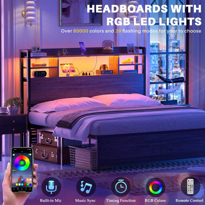 Storage Headboard with USB Port and Power Outlet, Head Board with LED Light for Bed Frame