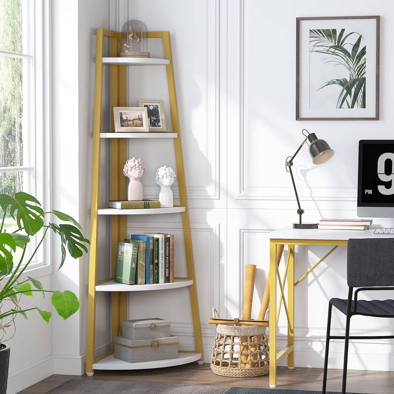 70 inch Tall Corner Shelf, 5 Tier Bookshelf Bookcase, Modern Corner Ladder Shelf Plant Stand for Living Room